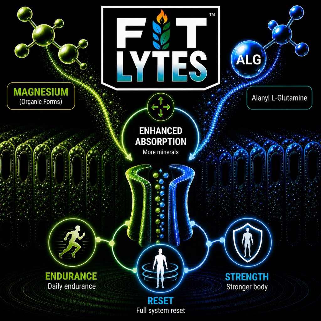 FitLytes infographic showing magnesium organic forms, Alanyl L-Glutamine, enhanced absorption, endurance, reset, and strength