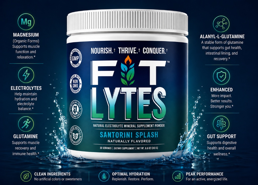 FitLytes Santorini Splash — Natural Electrolyte Mineral Supplement Powder with magnesium, electrolytes, glutamine, and gut support callouts